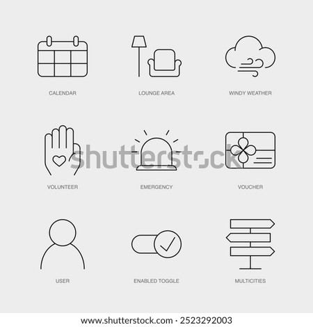 Set of Vector Line Icons for Volunteer, Emergency, Voucher and more. Editable collection of 9 Airline Outline Icons.