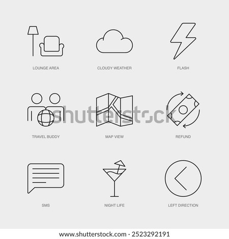 Set of Vector Line Icons for Flash, Travel Buddy, Map View and more. Editable collection of 9 Airline Outline Icons.