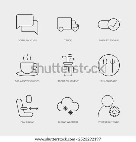 Set of Vector Line Icons for Profile Settings, Communication, Truck and more. Editable collection of 9 Airline Outline Icons.