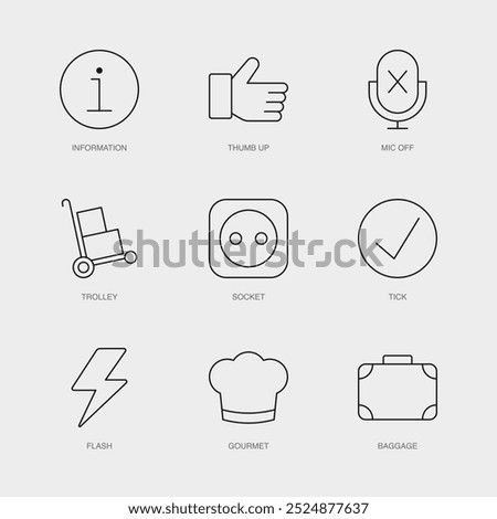 Set of Vector Line Icons for Information, Thumb Up, Mic Off and more. Editable collection of 9 Airline Outline Icons.