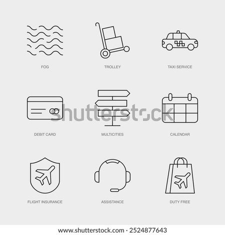 Set of Vector Line Icons for Trolley, Taxi Service, Debit Card and more. Editable collection of 9 Airline Outline Icons.