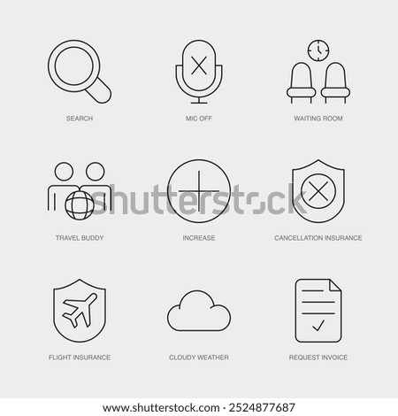 Set of Vector Line Icons for Request Invoice, Search, Mic Off and more. Editable collection of 9 Airline Outline Icons.