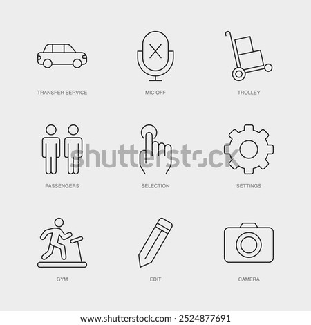 Set of Vector Line Icons for Mic Off, Trolley, Passengers and more. Editable collection of 9 Airline Outline Icons.