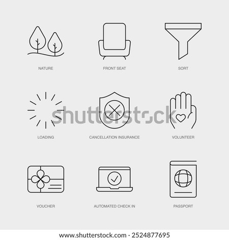 Set of Vector Line Icons for Volunteer, Voucher, Automated Check In and more. Editable collection of 9 Airline Outline Icons.