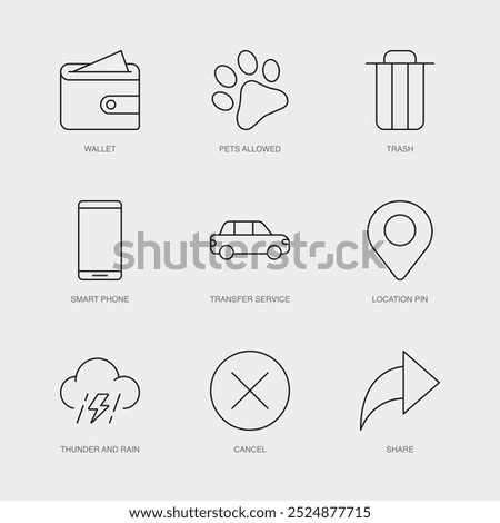 Set of Vector Line Icons for Cancel, Share, Wallet and more. Editable collection of 9 Airline Outline Icons.