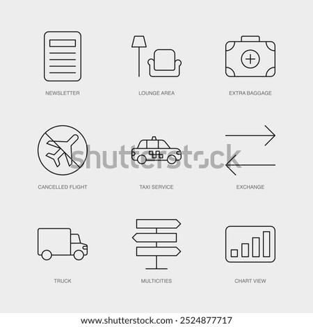 Set of Vector Line Icons for Cancelled Flight, Taxi Service, Exchange and more. Editable collection of 9 Airline Outline Icons.