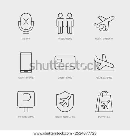 Set of Vector Line Icons for Mic Off, Passengers, Flight Check In and more. Editable collection of 9 Airline Outline Icons.