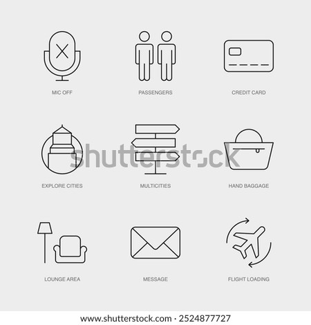 Set of Vector Line Icons for Mic Off, Passengers, Credit Card and more. Editable collection of 9 Airline Outline Icons.