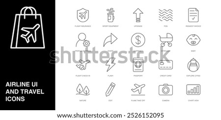 Set of Vector Line Icons for Request Invoice, Profile Settings, Share and more. Editable collection of 20 Airline Outline Icons.