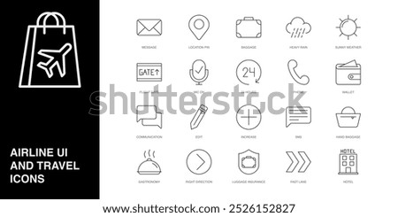 Set of Vector Line Icons for Flight Gate, Mic On, 24 Hours and more. Editable collection of 20 Airline Outline Icons.