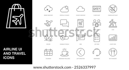 Set of Vector Line Icons for Flight Gate, Cancelled Flight, Flight Check In and more. Editable collection of 20 Airline Outline Icons.