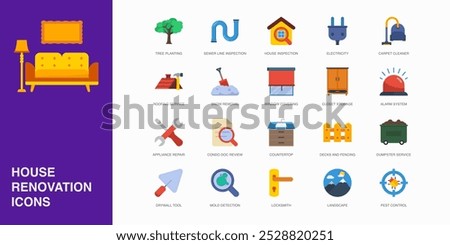 Set of Vector Flat Icons for House Inspection, Electricity, Carpet Cleaner and more. Collection of 20 House Repair Colored Editanle Symbols.