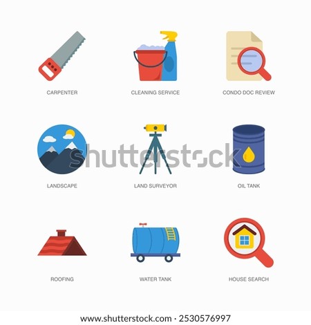 Set of Vector Flat Icons for House Search, Carpenter, Cleaning Service and more. Collection of 9 House Repair Colored Editanle Symbols.