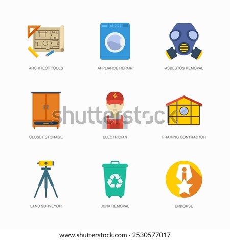 Set of Vector Flat Icons for Endorse, Architect Tools, Appliance Repair and more. Collection of 9 House Repair Colored Editanle Symbols.