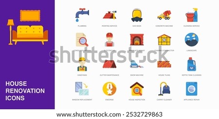 Set of Vector Flat Icons for Endorse, House Inspection, Carpet Cleaner and more. Collection of 20 House Repair Colored Editanle Symbols.