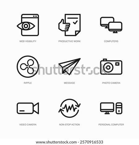 Set of Vector Thin Line Icons for Photo Camera, Video Camera, Non-stop Action and more. Collection of 9 Business UI Outline Editable Symbols.