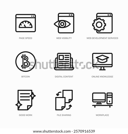 Set of Vector Thin Line Icons for Digital Content, Online Knowledge, Good Work and more. Collection of 9 Business UI Outline Editable Symbols.