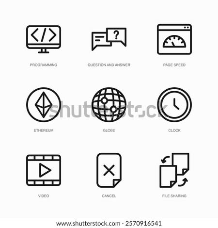 Set of Vector Thin Line Icons for Video, Cancel, File Sharing and more. Collection of 9 Business UI Outline Editable Symbols.