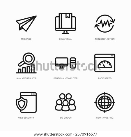 Set of Vector Thin Line Icons for E-material, Non-stop Action, Analyze Results and more. Collection of 9 Business UI Outline Editable Symbols.