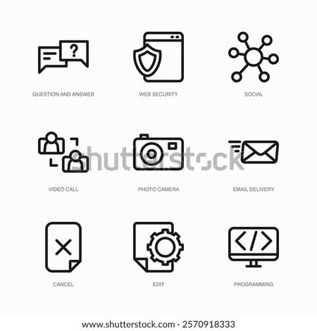 Set of Vector Thin Line Icons for Social, Video Call, Photo Camera and more. Collection of 9 Business UI Outline Editable Symbols.