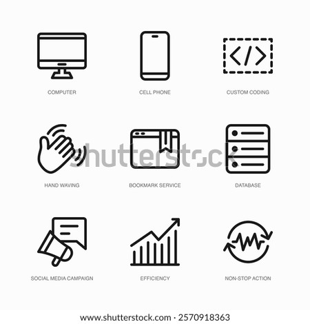 Set of Vector Thin Line Icons for Social Media Campaign, Efficiency, Non-stop Action and more. Collection of 9 Business UI Outline Editable Symbols.