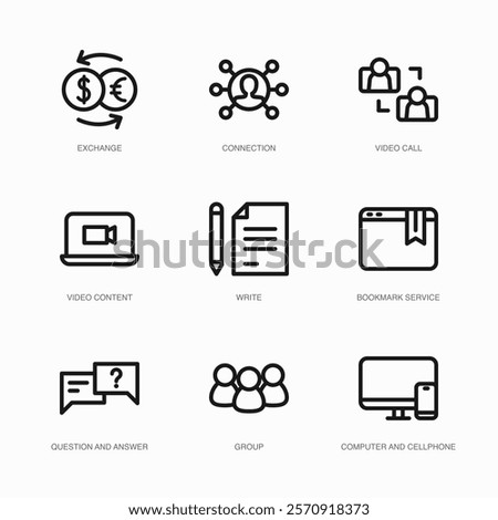 Set of Vector Thin Line Icons for Connection, Video Call, Video Content and more. Collection of 9 Business UI Outline Editable Symbols.