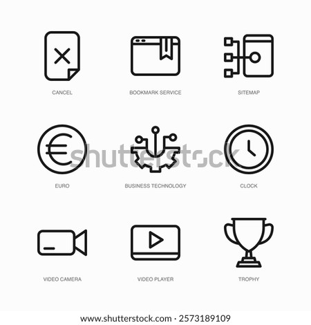 Set of Vector Thin Line Icons for Video Camera, Video Player, Trophy and more. Collection of 9 Business UI Outline Editable Symbols.