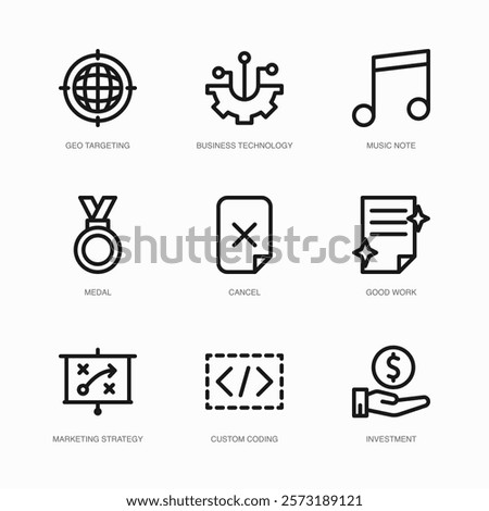 Set of Vector Thin Line Icons for Music Note, Medal, Cancel and more. Collection of 9 Business UI Outline Editable Symbols.