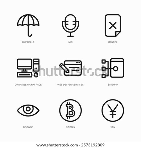 Set of Vector Thin Line Icons for Mic, Cancel, Organize Workspace and more. Collection of 9 Business UI Outline Editable Symbols.