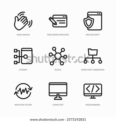 Set of Vector Thin Line Icons for Social, Directory Submission, Non-stop Action and more. Collection of 9 Business UI Outline Editable Symbols.