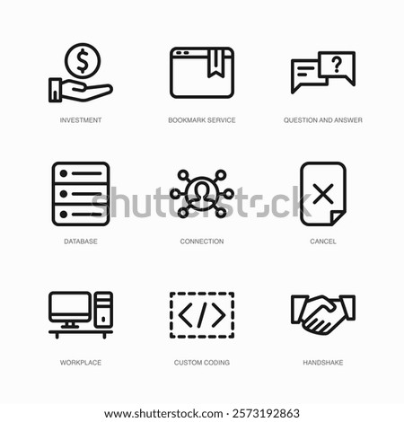 Set of Vector Thin Line Icons for Connection, Cancel, Workplace and more. Collection of 9 Business UI Outline Editable Symbols.