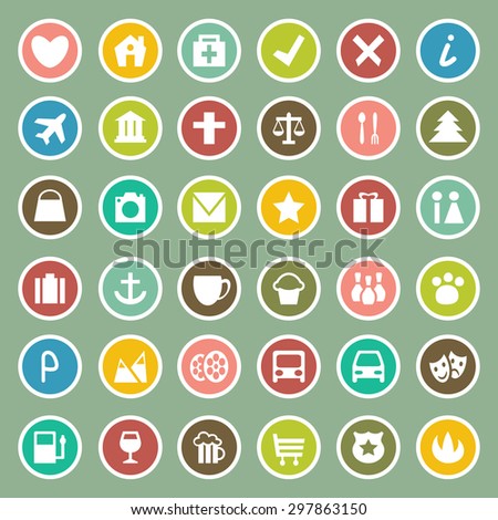 Vector illustration of set of plain flat colorful map marker icons, city entertainment and activity locations . Could be used as logo, button, ui element, badge, sign or symbol