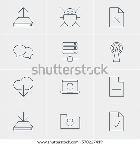 Vector Illustration Of 12 Network Icons. Editable Pack Of Secure Laptop, Privacy Doc, Removing File And Other Elements.