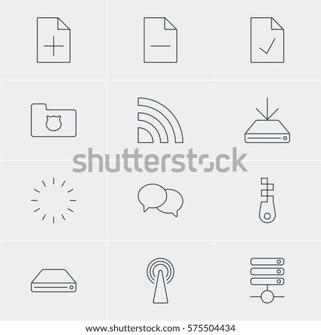 Vector Illustration Of 12 Internet Icons. Editable Pack Of Privacy Doc, Document Adding, Hard Drive Disk And Other Elements.