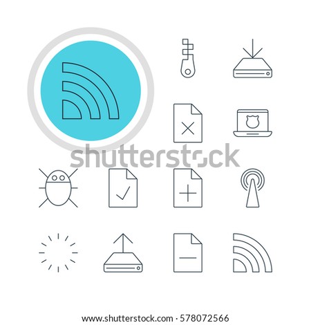Vector Illustration Of 12 Internet Icons. Editable Pack Of Removing File, Secure Laptop, Hdd Sync And Other Elements.