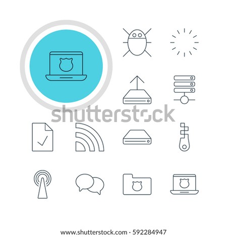 Vector Illustration Of 12 Web Icons. Editable Pack Of Privacy Doc, Checked Note, Secure Laptop And Other Elements.