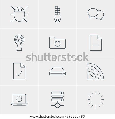 Vector Illustration Of 12 Network Icons. Editable Pack Of Privacy Doc, Hard Drive Disk, Computer Virus And Other Elements.