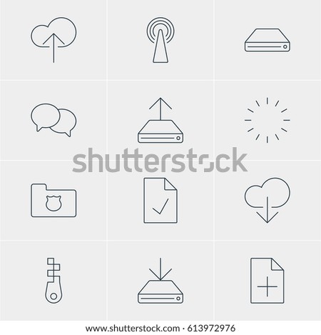 Vector Illustration Of 12 Web Icons. Editable Pack Of Privacy Doc, Checked Note, Data Upload And Other Elements.