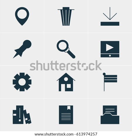 Vector Illustration Of 12 Internet Icons. Editable Pack Of Thumbtack, Map Pointer, Map Marker And Other Elements.