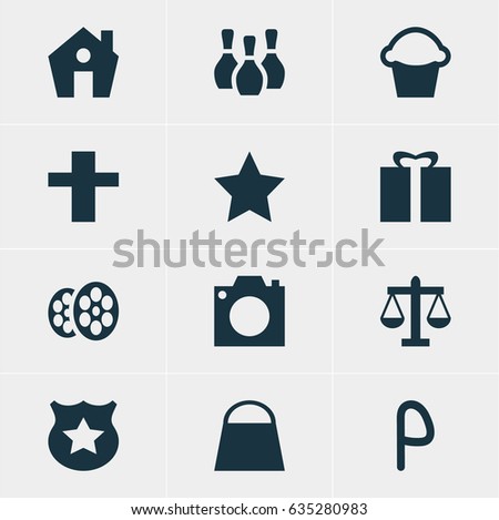 Vector Illustration Of 12 Check-In Icons. Editable Pack Of Cop, Bookmark, Film And Other Elements.