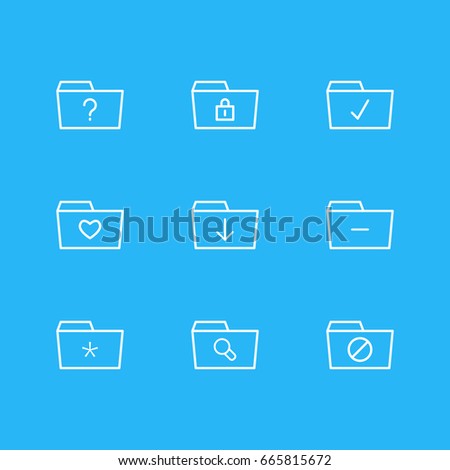 Vector Illustration Of 9 Dossier Icons. Editable Pack Of Liked, Locked, Magnifier And Other Elements.