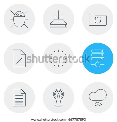 Vector Illustration Of 9 Web Icons. Editable Pack Of Server, Privacy Doc, Sheet And Other Elements.