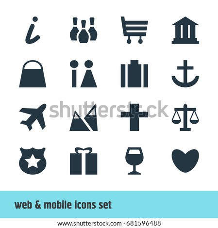 Vector Illustration Of 16 Map Icons. Editable Pack Of Present, University, Landscape Elements.