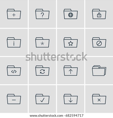 Vector Illustration Of 16 Dossier Icons. Editable Pack Of Plus, Folders, Question And Other Elements.