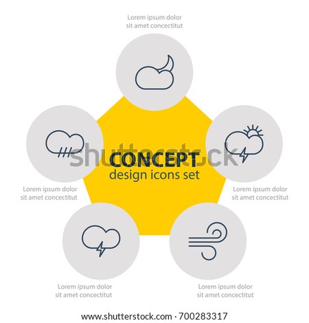 Vector Illustration Of 5 Weather Icons. Editable Pack Of Rainy, Fulminant, Moon Month And Other Elements.