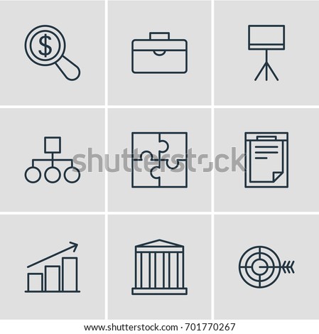 Vector Illustration Of 9 Trade Icons. Editable Pack Of Riddle, Board Stand, File Elements.