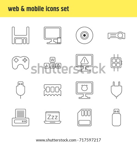 Vector Illustration Of 16 Computer Icons. Editable Pack Of Socket, Keyboard, Presentation And Other Elements.