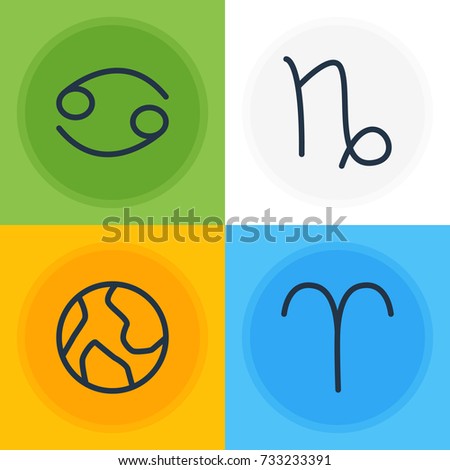 Vector Illustration Of 4 Constellation Icons. Editable Pack Of Crab, Ram, Planet And Other Elements.