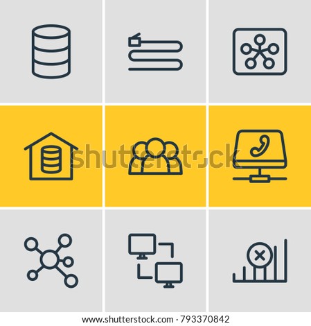 Vector illustration of 9 web icons line style. Editable set of group, wire, internet and other elements.