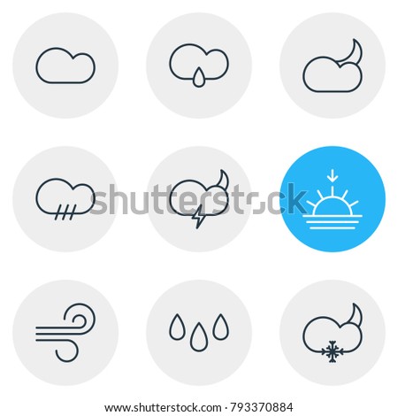 Vector illustration of 9 atmosphere icons line style. Editable set of wind, moon, drop and other elements.